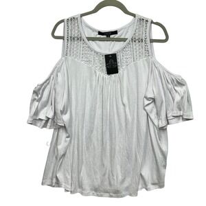 Louise Paris Womens White Cold‎ Shoulder Lace Ruffle Sleeve Top 2X NWT